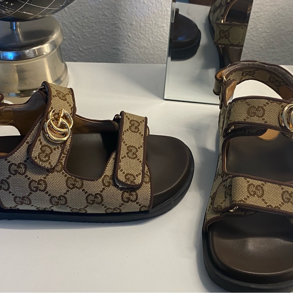 Gucci Brown Sandals with GG Monogram and Gold Buckles